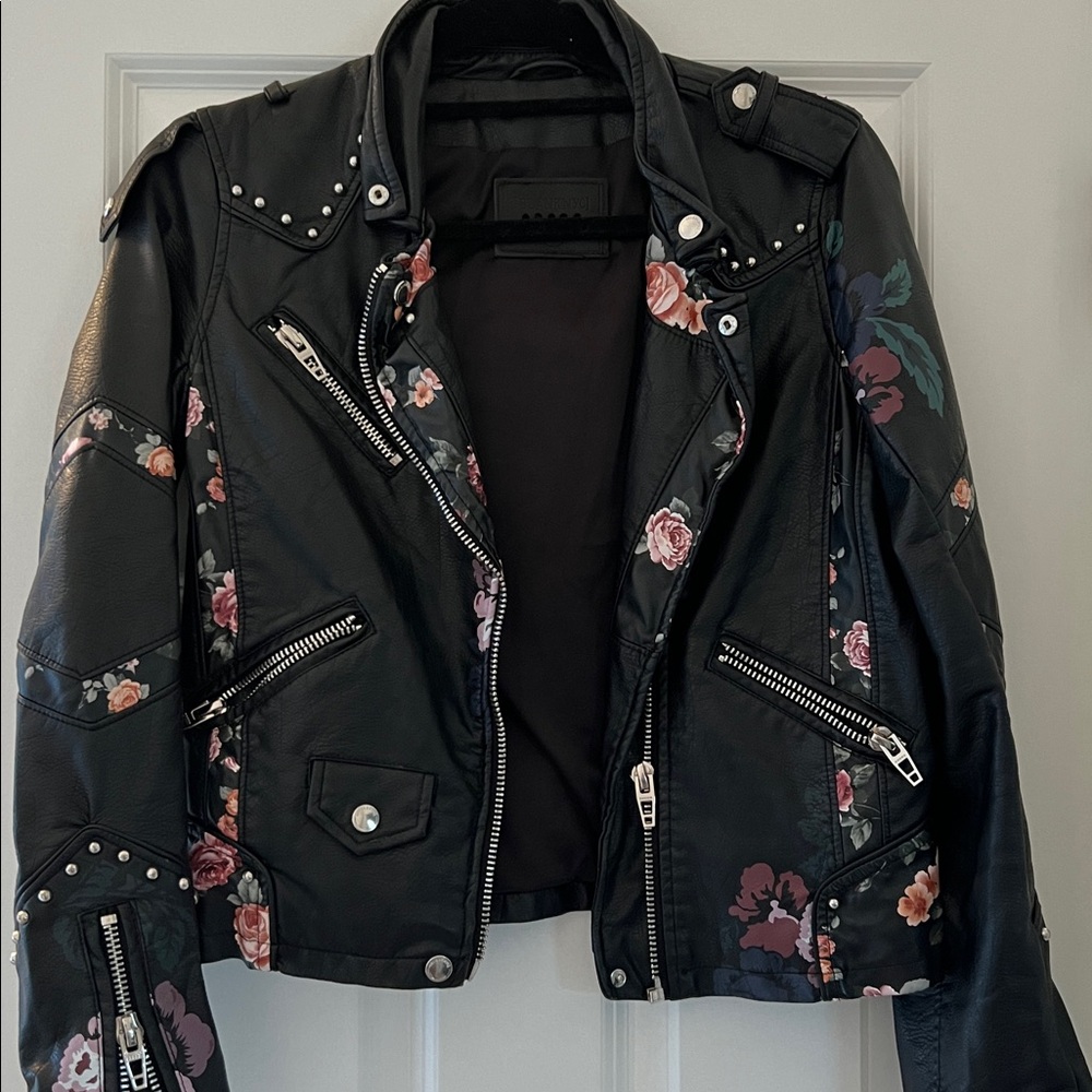 Blank NYC Black Leather Jacket with Floral Accents